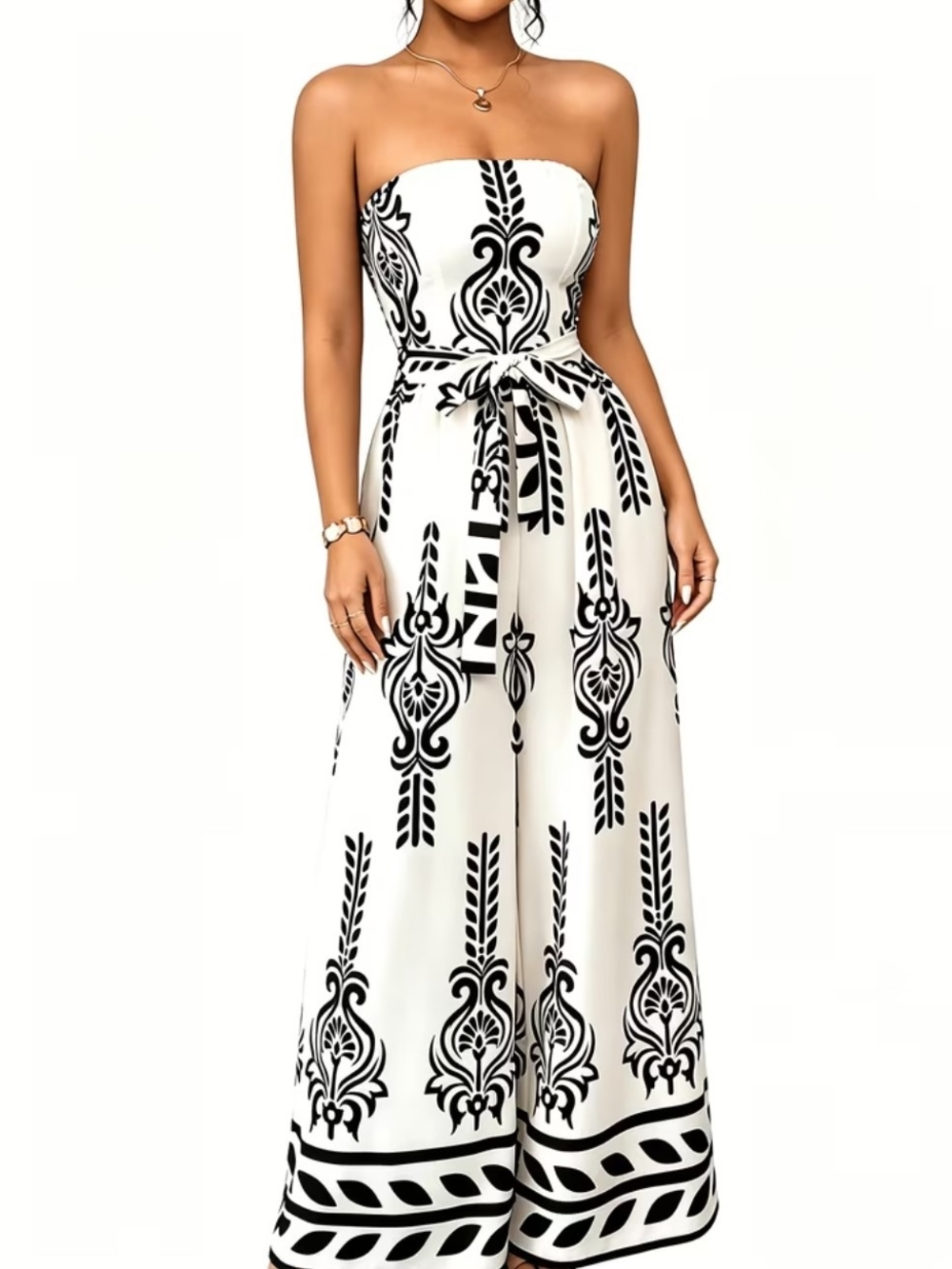 Strapless Black & White Printed Wide-Leg Jumpsuit